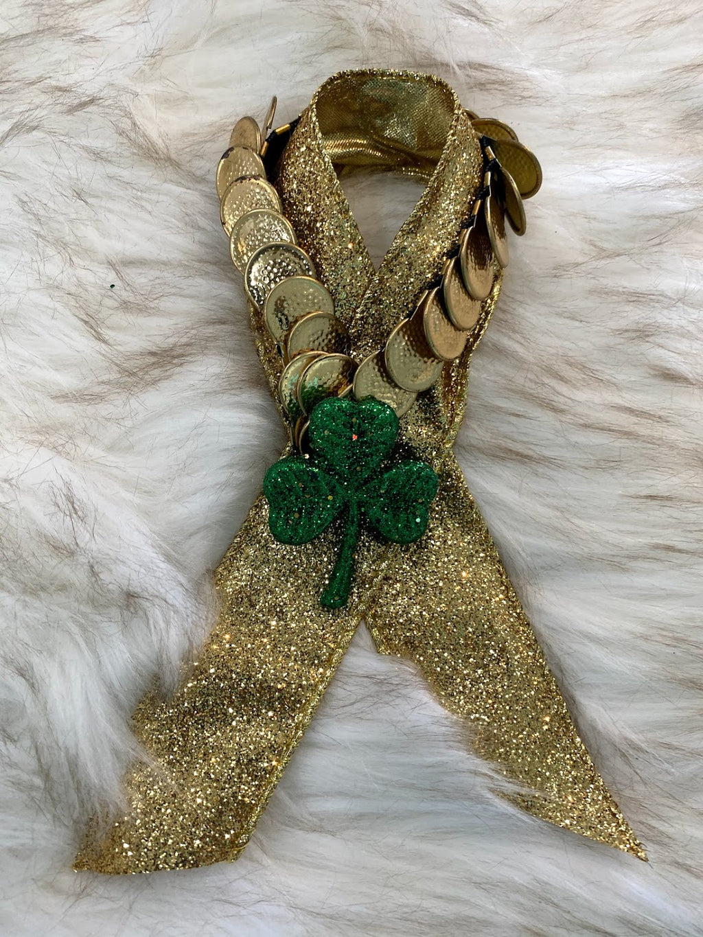 St. Patricks Day Gold Sparkly Bottle Sash W/String of Gold Coins Gift Embellishment