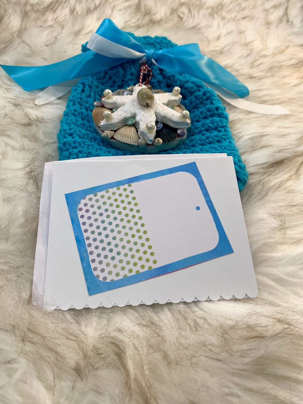 Turquoise Gift Bag W/Turquoise Bow & Seashell Embellishment