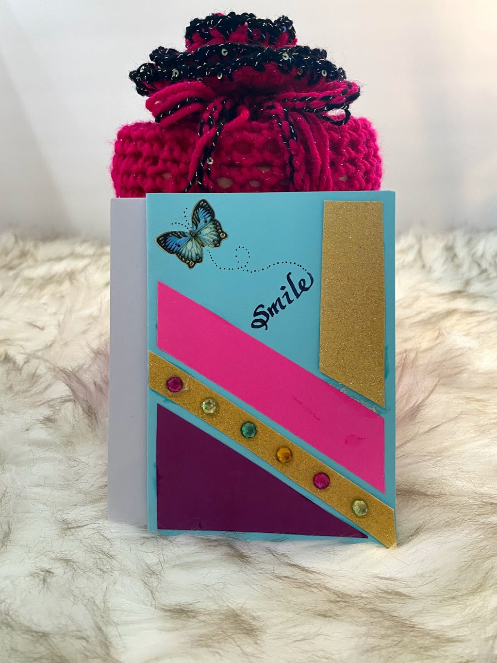 Hot Pink & Black Metallic Container Gift Bag W/Rosette Embellishment
