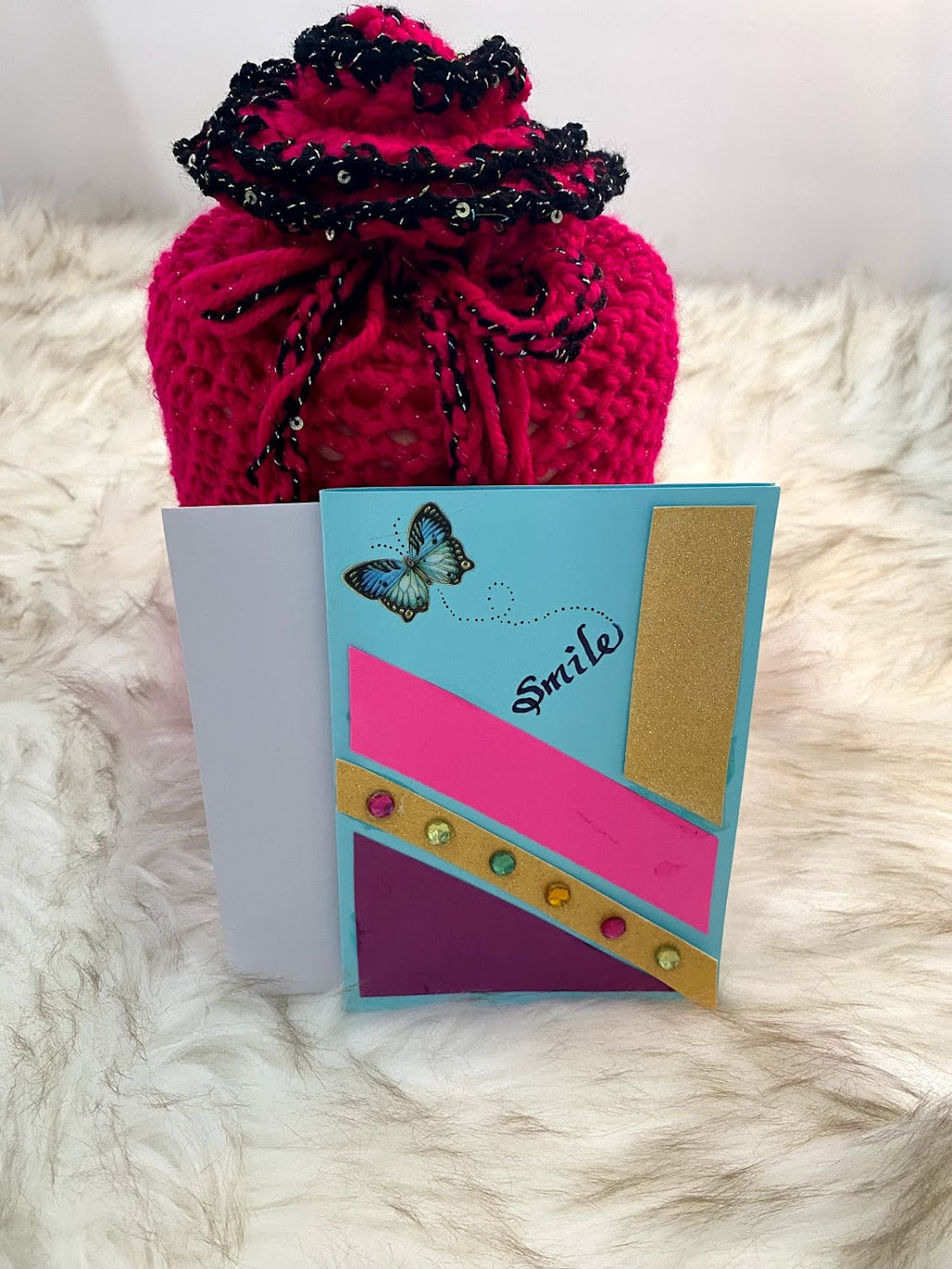 Hot Pink & Black Metallic Container Gift Bag W/Rosette Embellishment