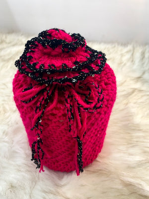 Hot Pink & Black Metallic Container Gift Bag W/Rosette Embellishment