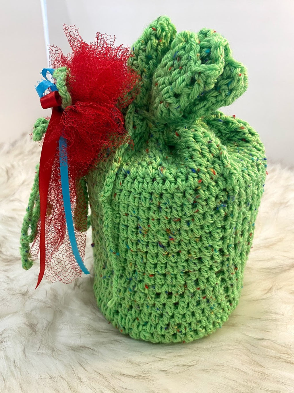 Lime Green Container Gift Bag W/Red Nylon & Yarn Embellishment