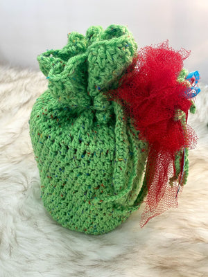 Lime Green Container Gift Bag W/Red Nylon & Yarn Embellishment