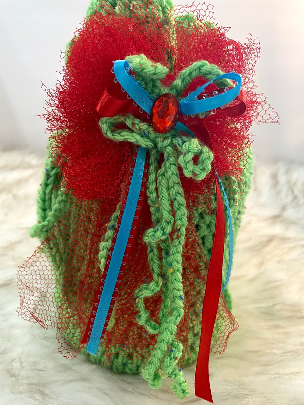 Lime Green Container Gift Bag W/Red Nylon & Yarn Embellishment