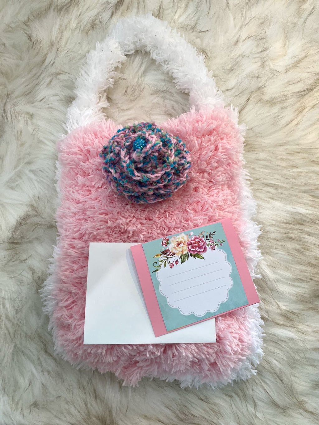 Pink & White Specialty Yarn Gift Bag W/ Turquoise/Pink Jeweled Embellishment