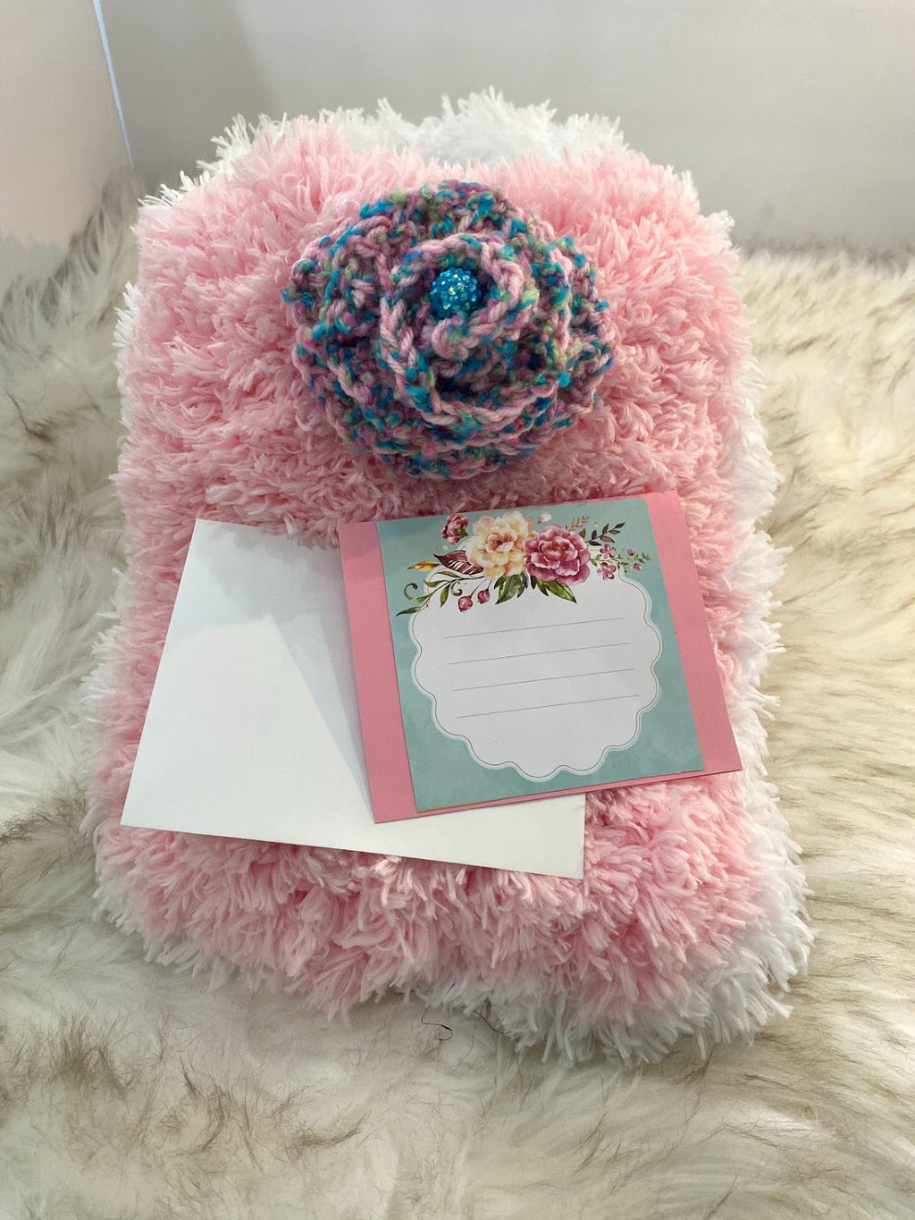 Pink & White Specialty Yarn Gift Bag W/ Turquoise/Pink Jeweled Embellishment