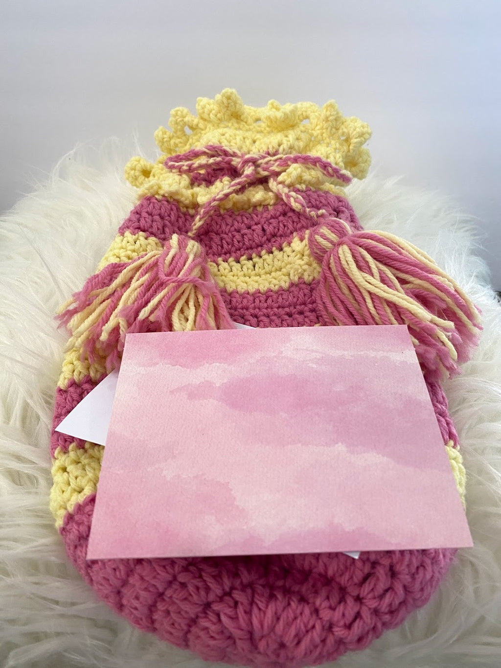 Pink & Yellow Striped Gift Bag W/Drawstring & Tassels
