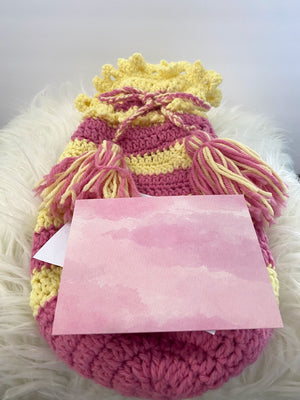Pink & Yellow Striped Gift Bag W/Drawstring & Tassels
