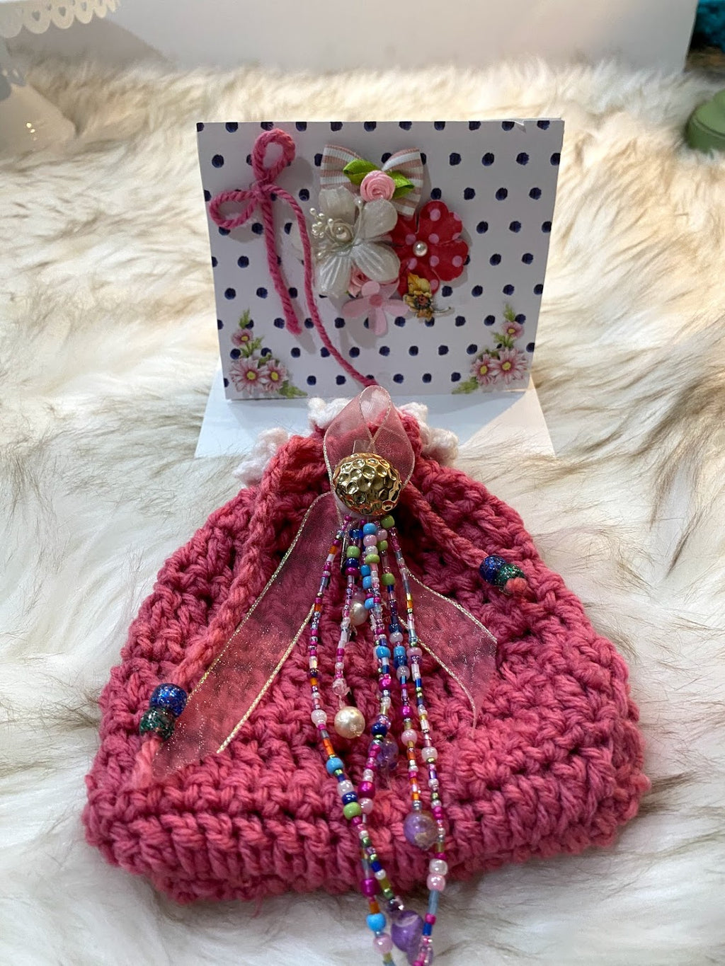 Small Pink Gift Bag W/Beaded Embellishment