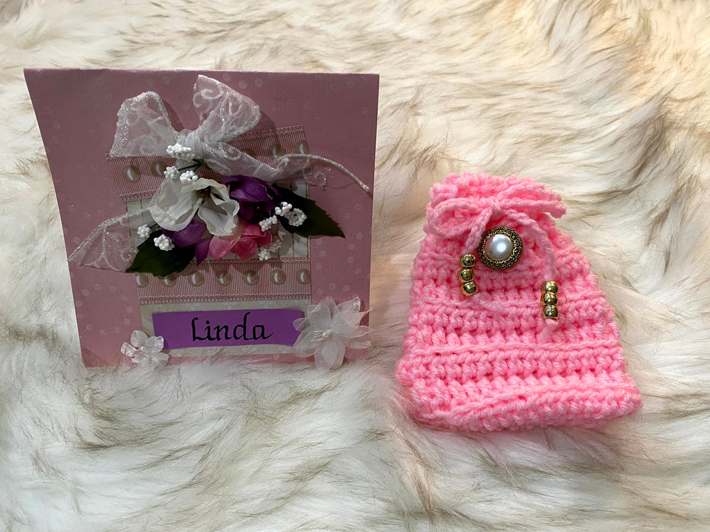 Small Pink Gift Bag W/Beaded Drawstrings & Gold Pearl Embellishment