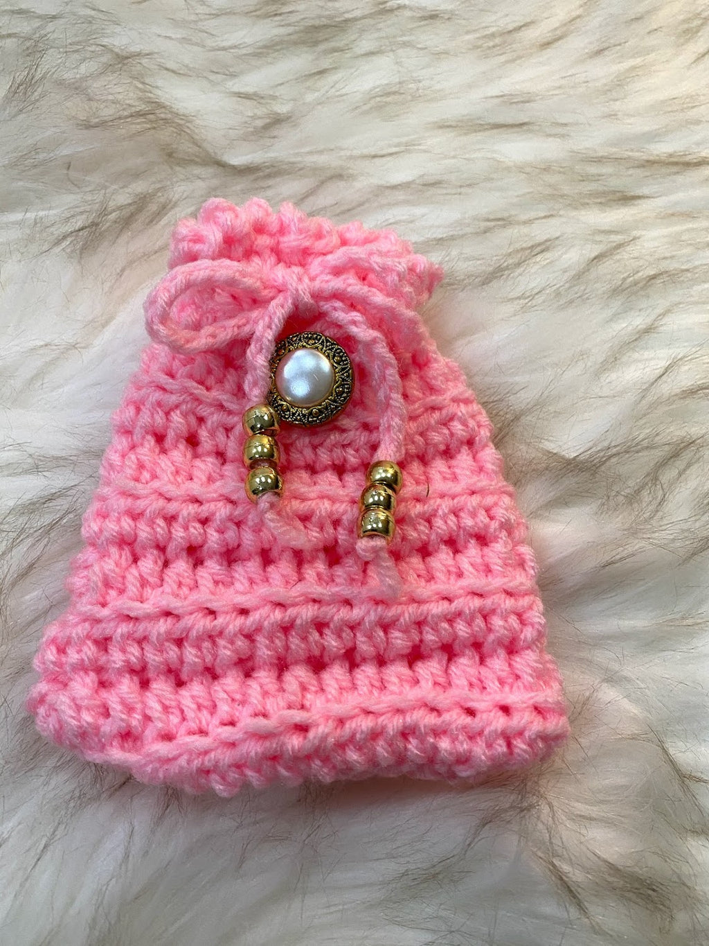 Small Pink Gift Bag W/Beaded Drawstrings & Gold Pearl Embellishment