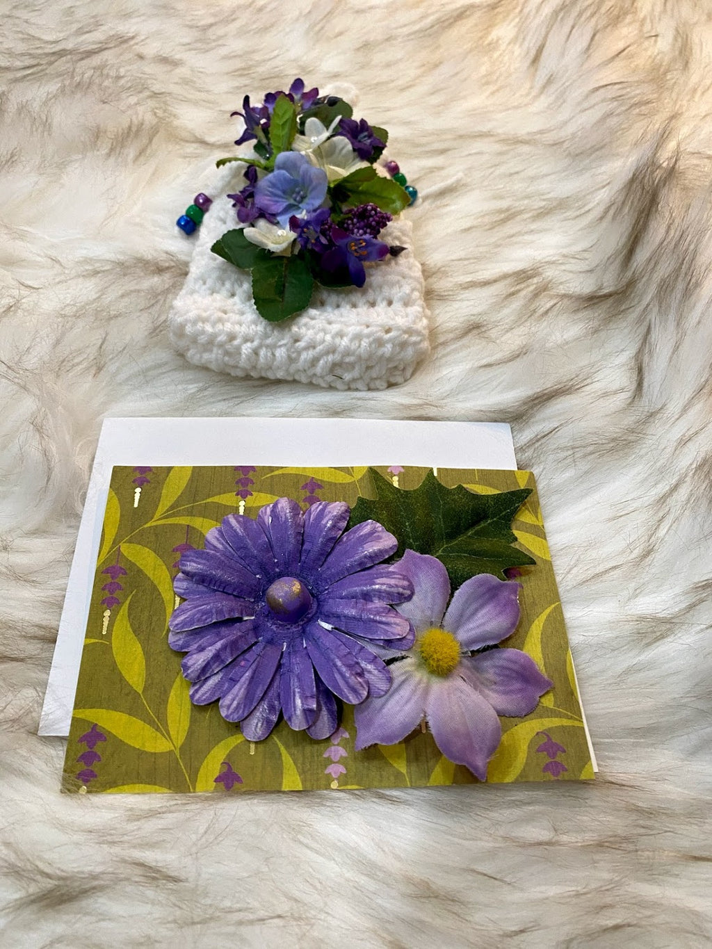 Small White Gift Bag W/Purple, White & Blue Floral Embellishment