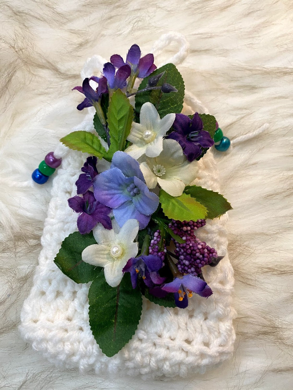 Small White Gift Bag W/Purple, White & Blue Floral Embellishment