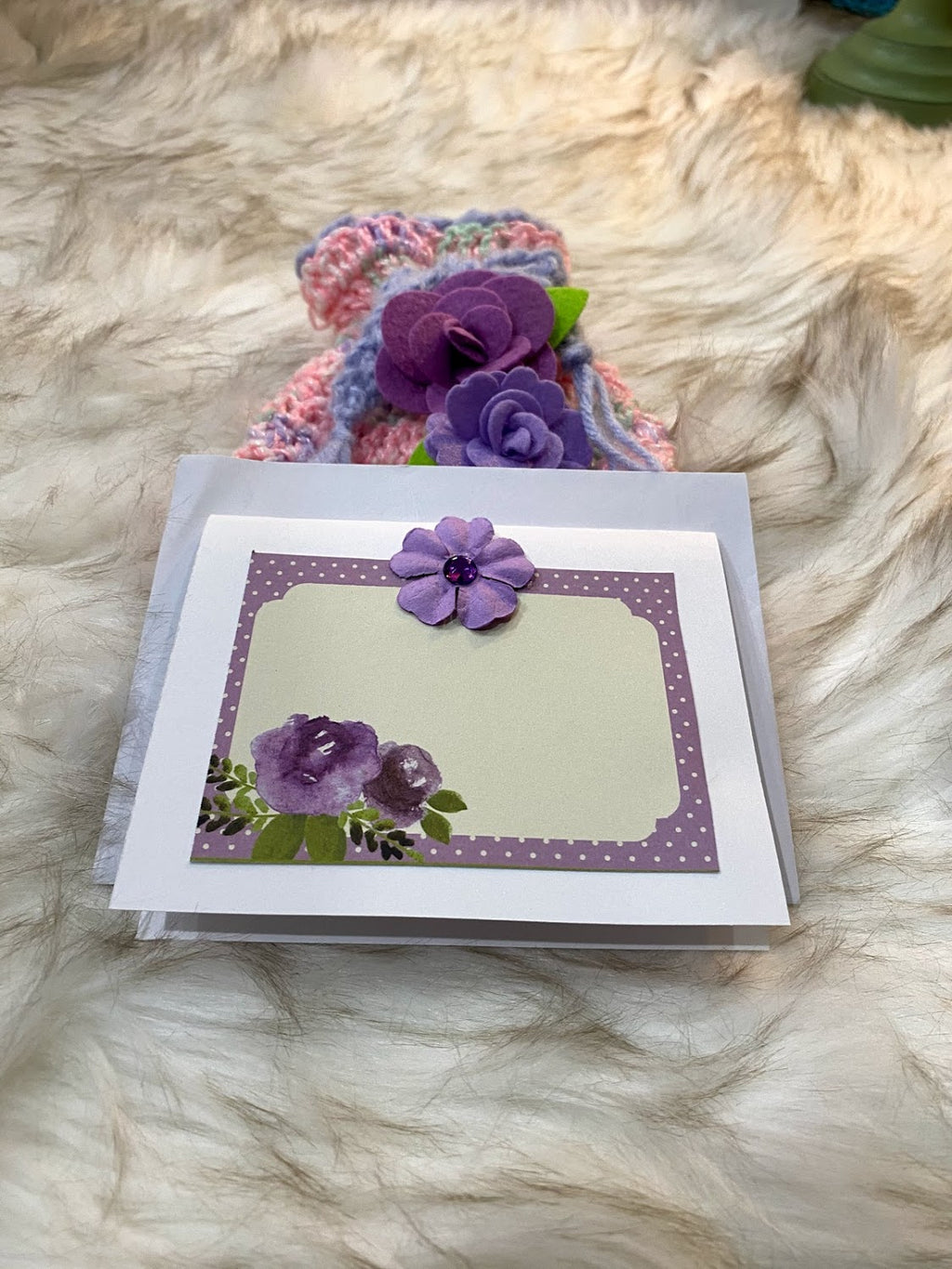 Pink & Lavender Gift  Bag w/Purple Rose Embellishment & Card