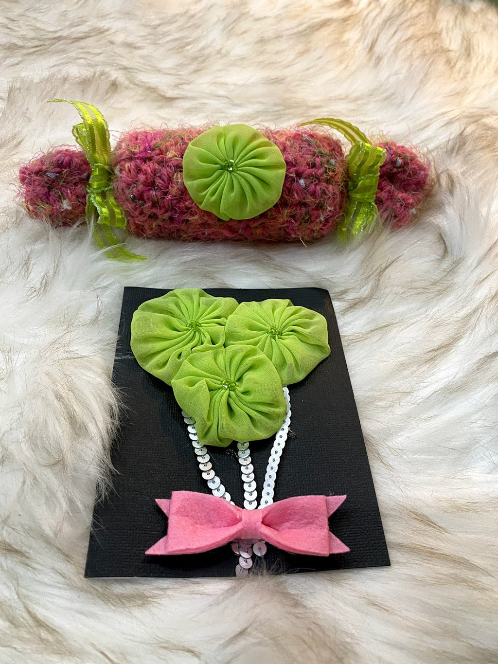 Pink Specialty Yarn Tube Gift Container W/Lime Green Embellishment