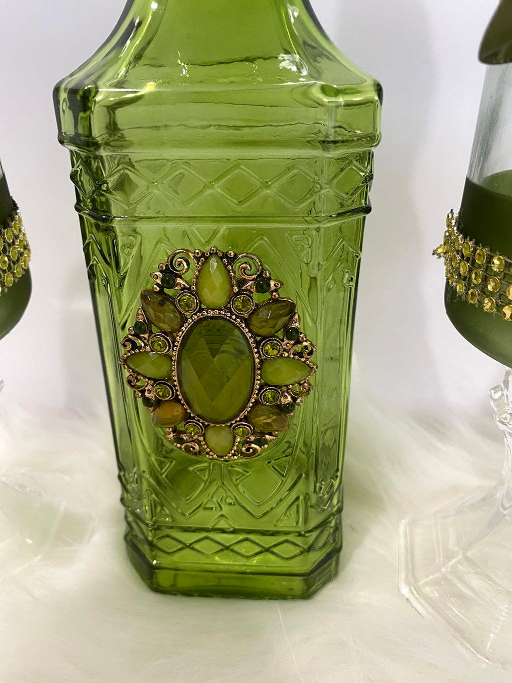 Three Piece Green Decanter & Candle Glassware Set