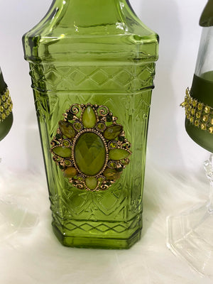 Three Piece Green Decanter & Candle Glassware Set