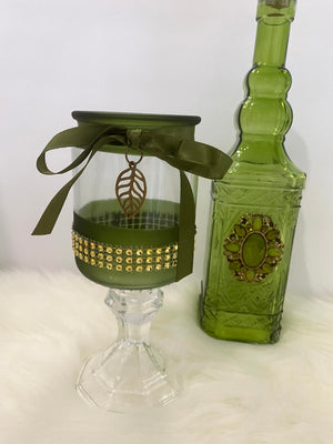 Three Piece Green Decanter & Candle Glassware Set