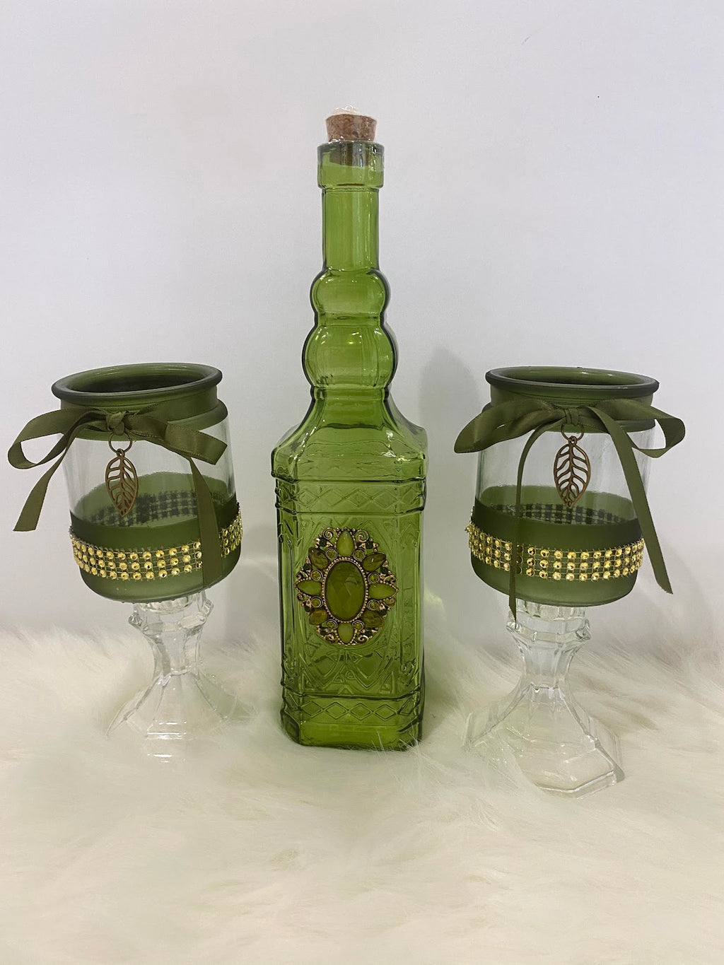 Three Piece Green Decanter & Candle Glassware Set