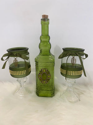 Three Piece Green Decanter & Candle Glassware Set
