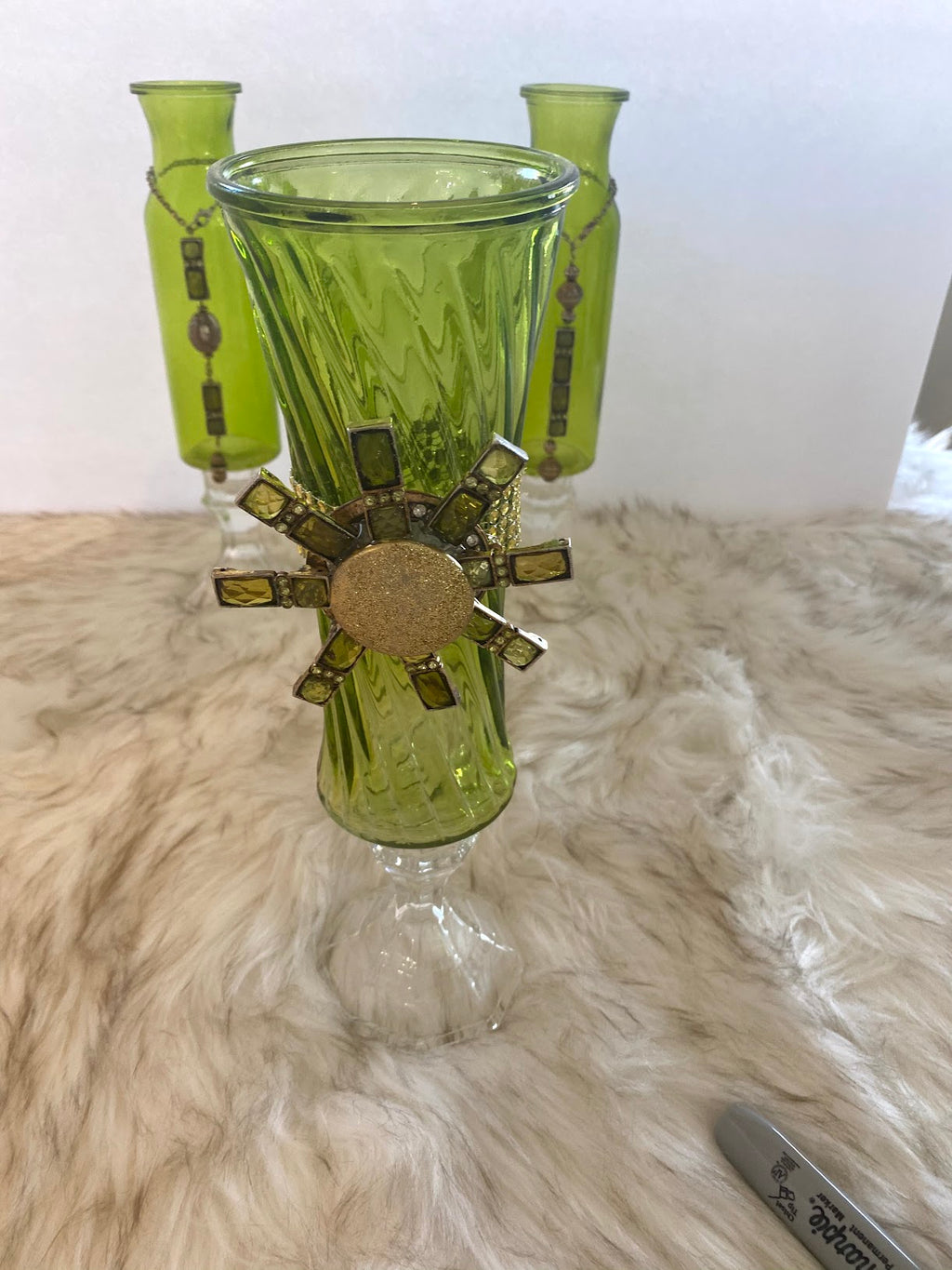 Three Piece Green Glassware Vase Set