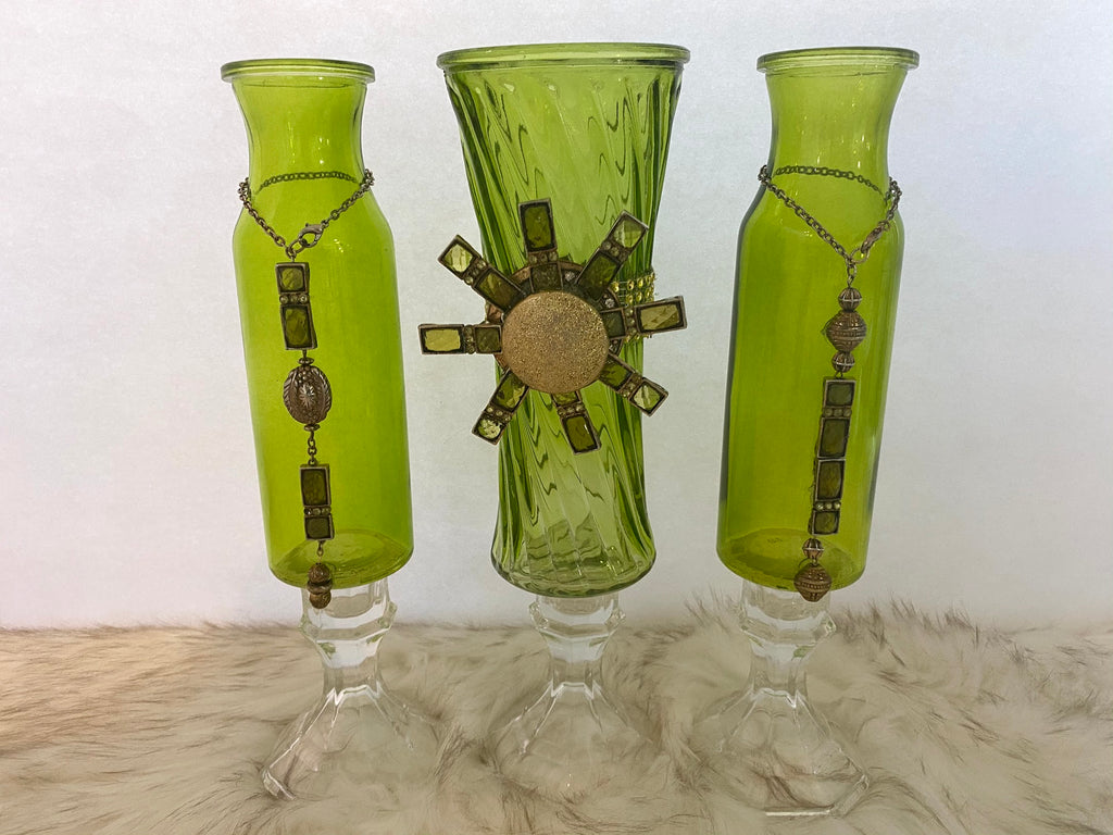 Three Piece Green Glassware Vase Set
