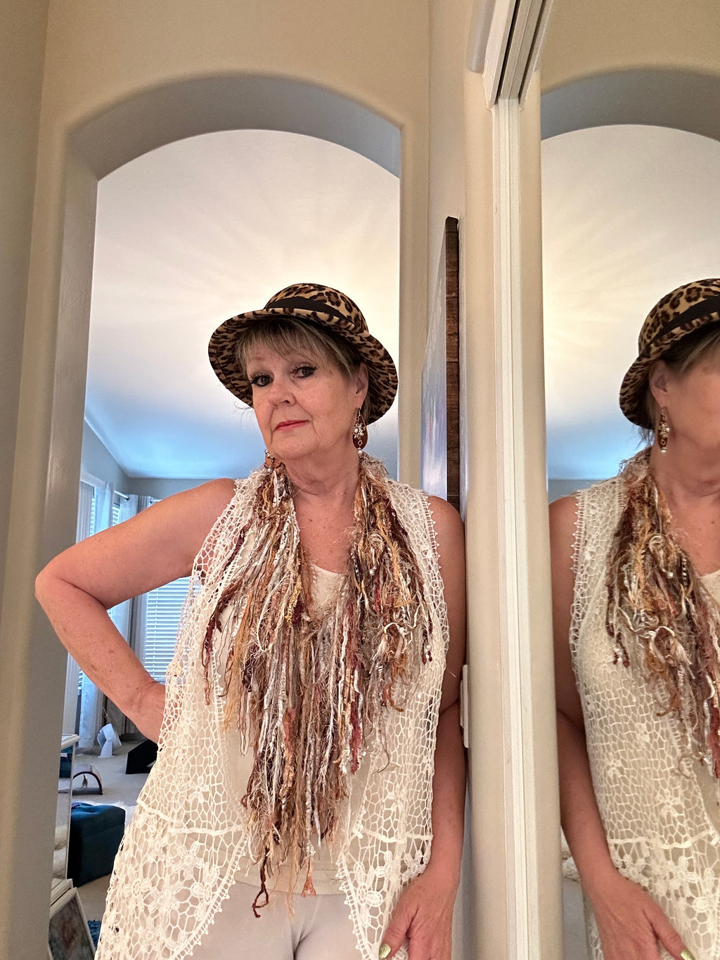 Multi-Colored Beige, Brown & White Ribbon Yarn Turkish Infinity Scarf