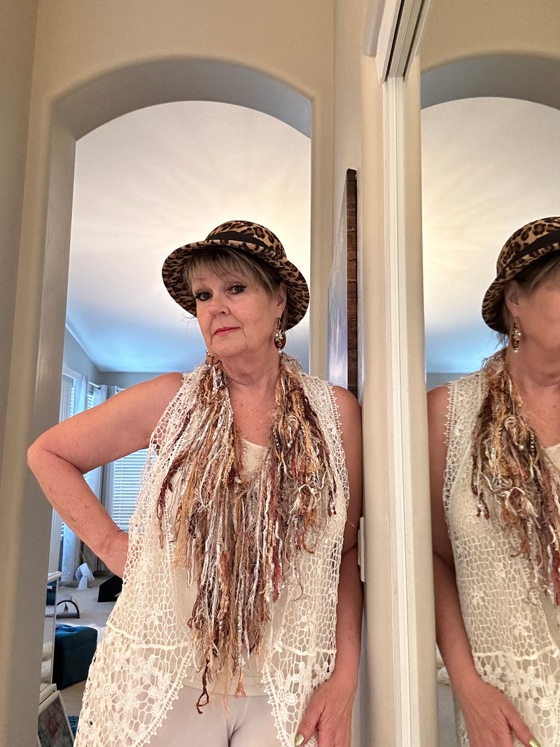 Multi-Colored Beige, Brown & White Ribbon Yarn Turkish Infinity Scarf