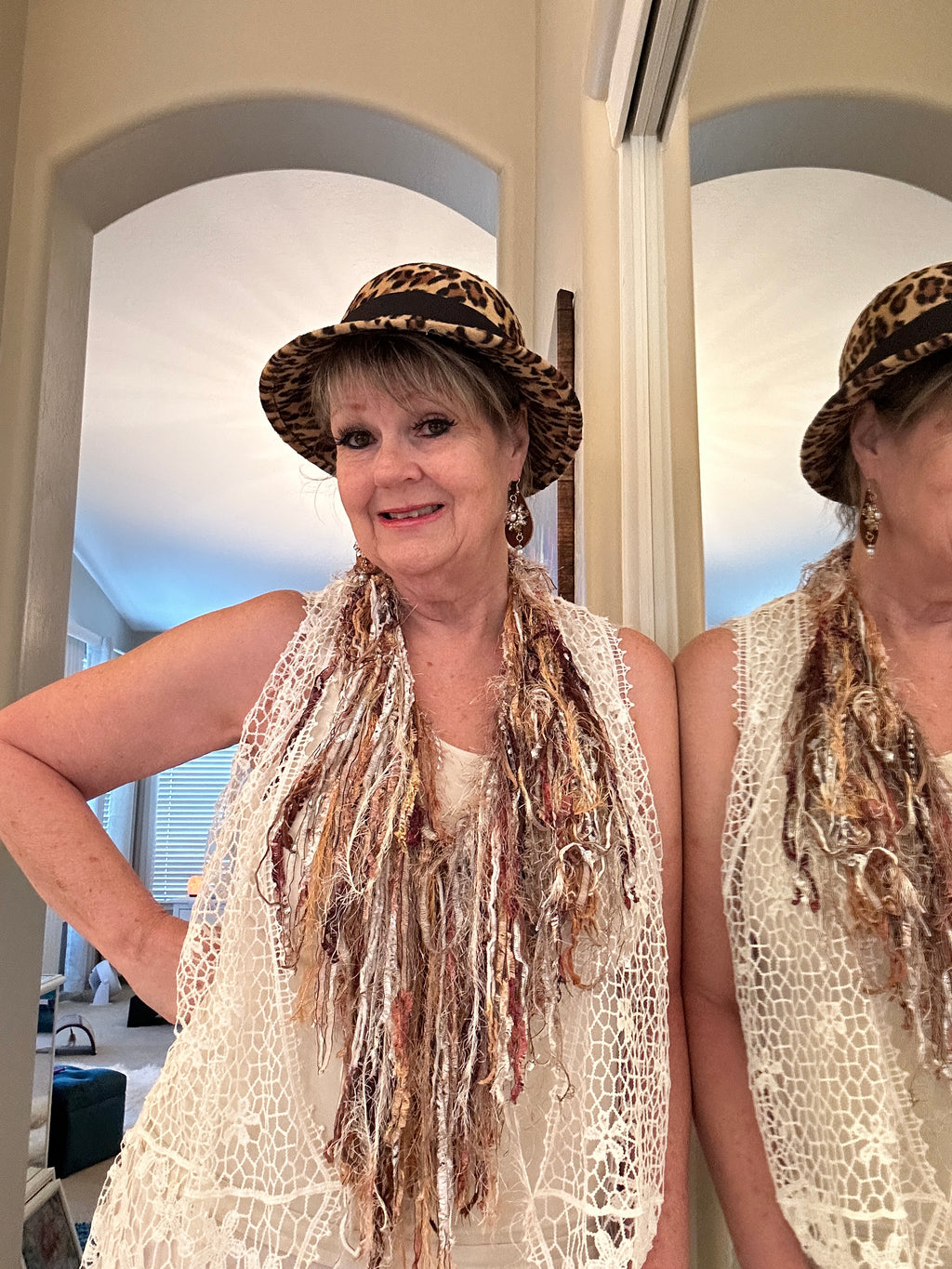 Multi-Colored Beige, Brown & White Ribbon Yarn Turkish Infinity Scarf