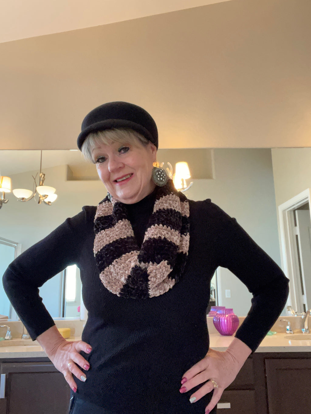 Black & Beige Velvet Infinity Scarf