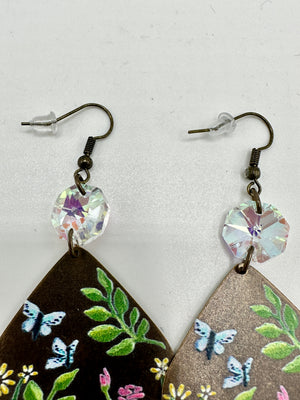 Brown Hand Painted Floral Hypoallergenic Metal Earrings w/ Blue Rhinestone Earrings