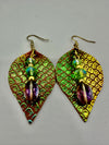 Gold & Teal Metallic Leather Earrings w/Green & Metallic Purple Beads