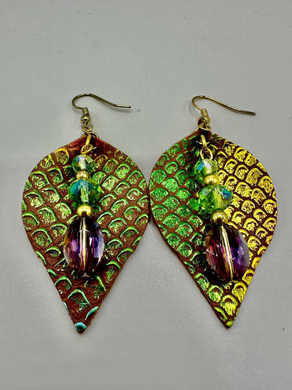 Gold & Teal Metallic Leather Earrings w/Green & Metallic Purple Beads