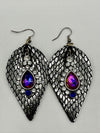 Black & Silver Leather Alligator Skin Earrings w/ Purple & Clear Rhinestones