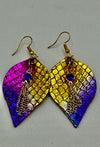 Metallic Gold & Pink Leather Snake Skin Hypoallergenic Earrings w/ Sapphire Dangle Rhinestone
