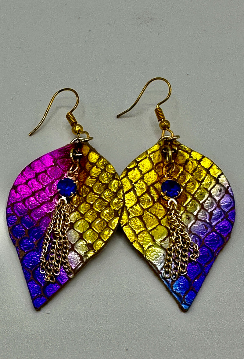 Metallic Gold & Pink Leather Snake Skin Hypoallergenic Earrings w/ Sapphire Dangle Rhinestone