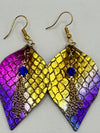 Metallic Gold & Pink Leather Snake Skin Hypoallergenic Earrings w/ Sapphire Dangle Rhinestone