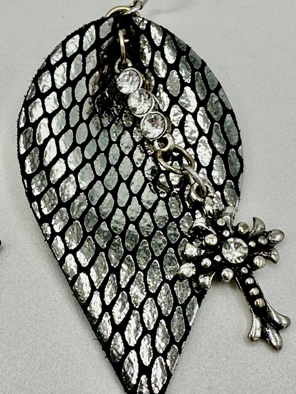 Silver & Black Snake Skin Leather Earrings w/ Cross Pendents