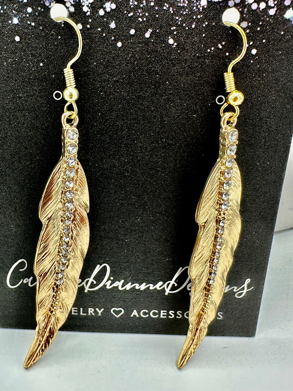 Gold Feather Earrings w/ Rhinestones