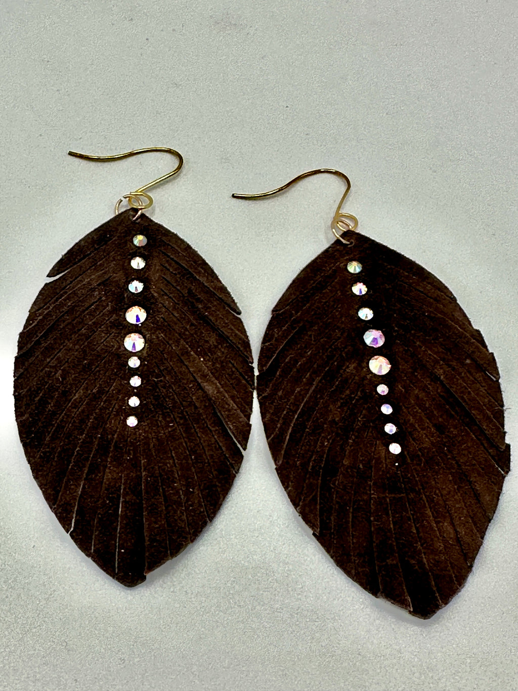 Brown Suede Leather Feather Earrings w/ 9 Rhinestones