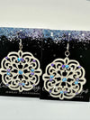 White Scroll Work Earrings w/ 13 Turquoise Swarovski Crystals