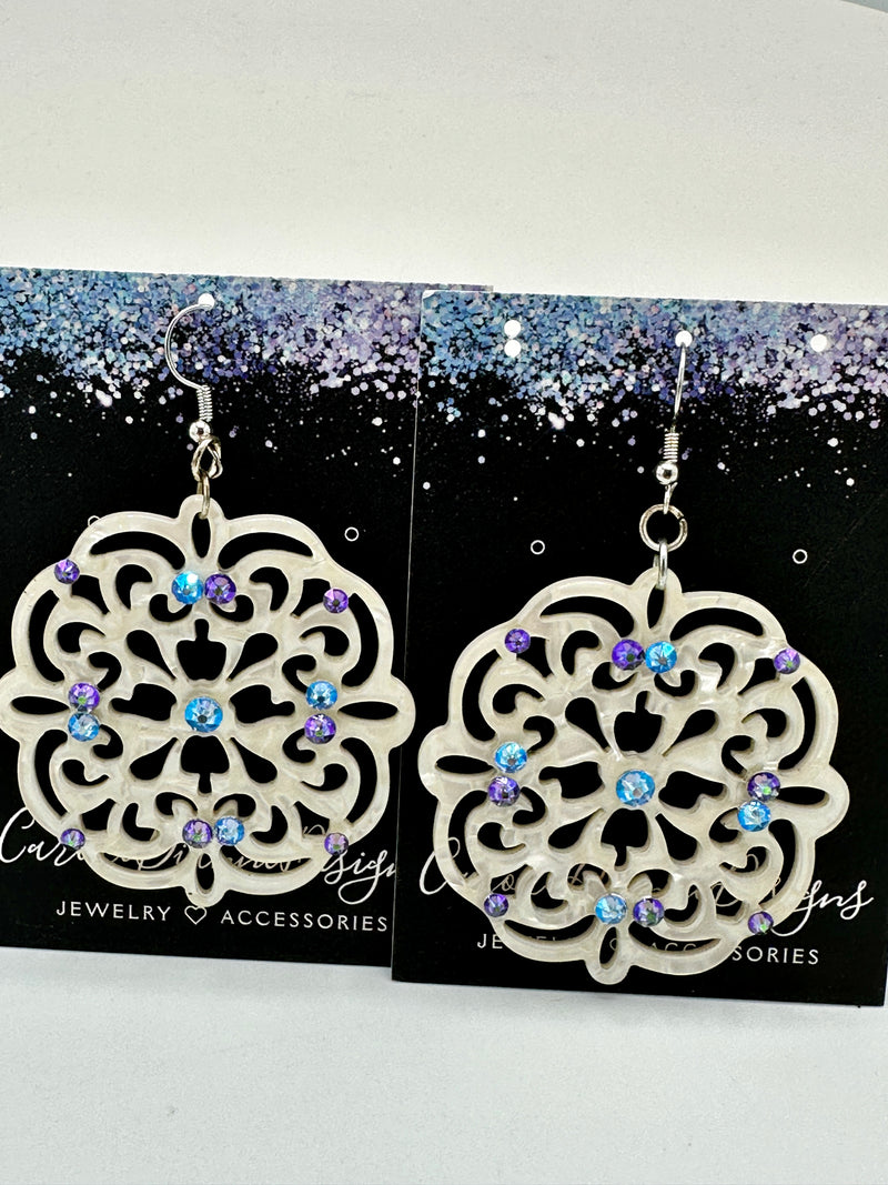 White Scroll Work Earrings w/ 13 Turquoise Swarovski Crystals