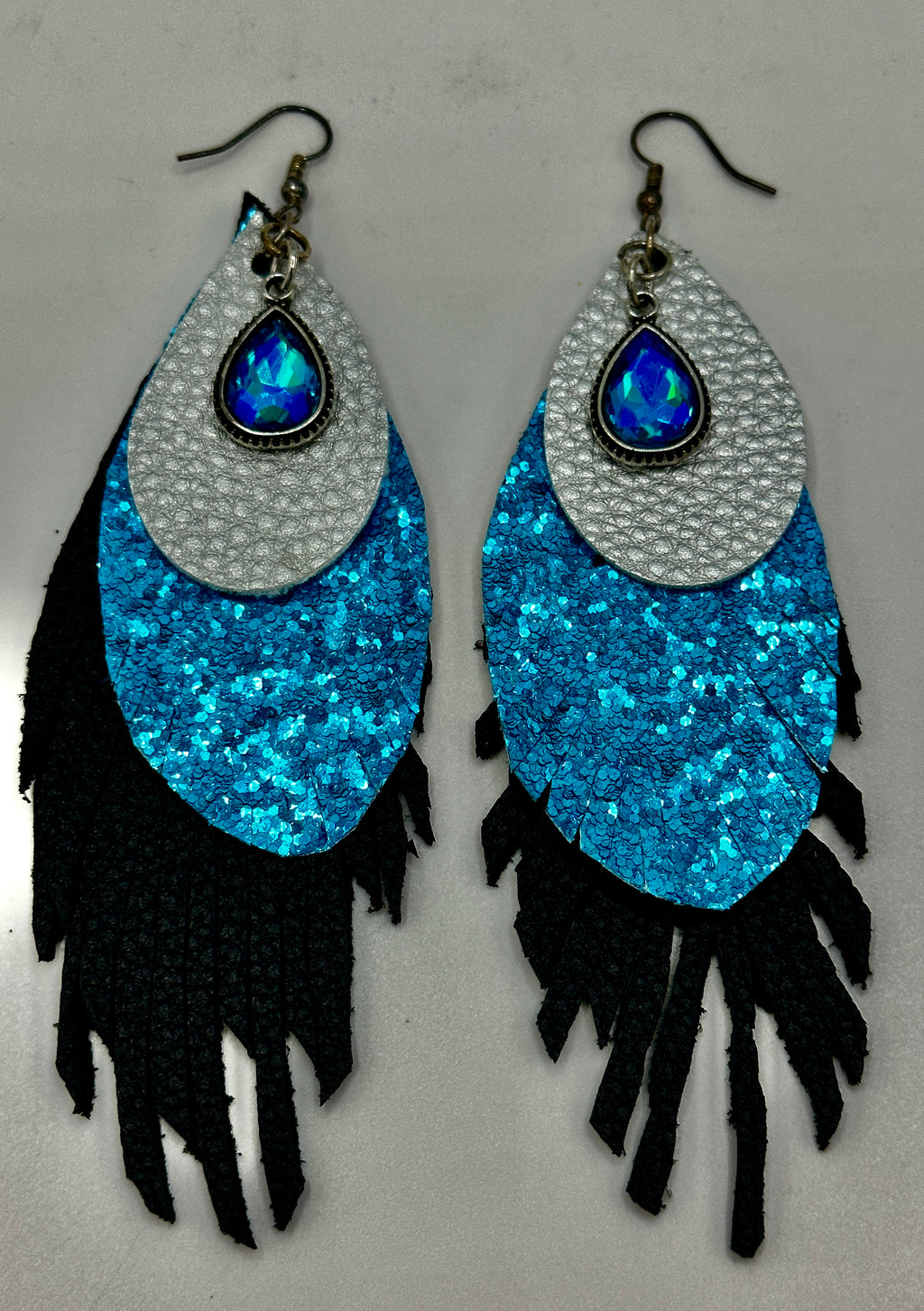 Black, Turquoise Sparkle & Silver Leather Earrings