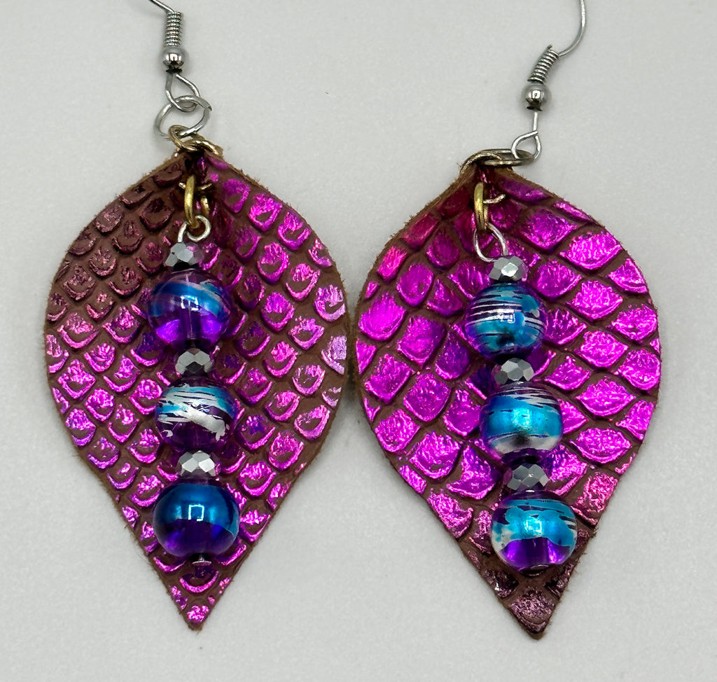 Pink Metallic Leather Earrings w/ Purple & Turquoise Metallic Beads