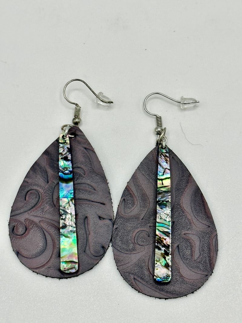 Plum Stamped Leather Earrings w/ Abalone Bar Embellishments