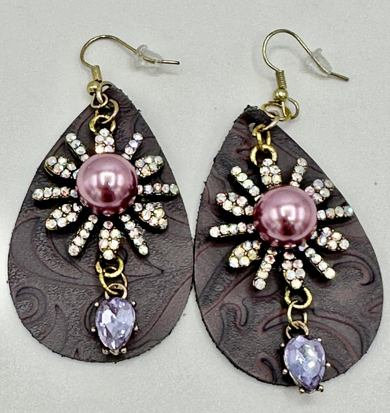 Plum Stamped Leather Earrings w/ Lavender Embellishment w/ Rhinestones