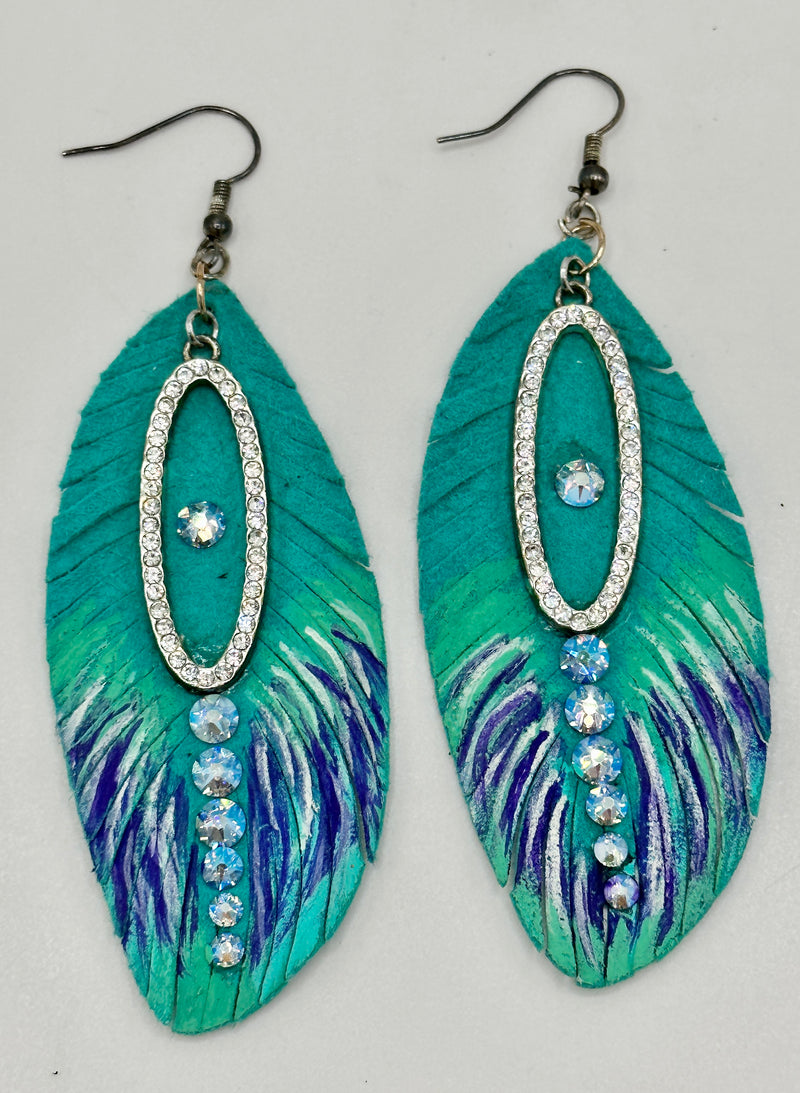 Hand Painted Leather Feather Earrings w/ Swarovski Crystals & Rhinestone Embellishments