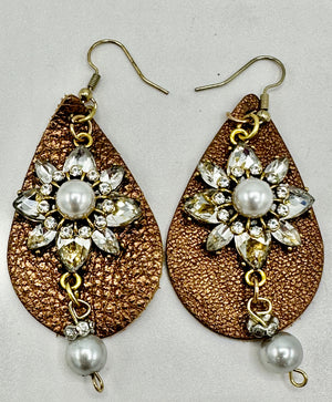 Copper Leather Hypoallergenic Earrings w/ Rhinestone & Pearl Medallion
