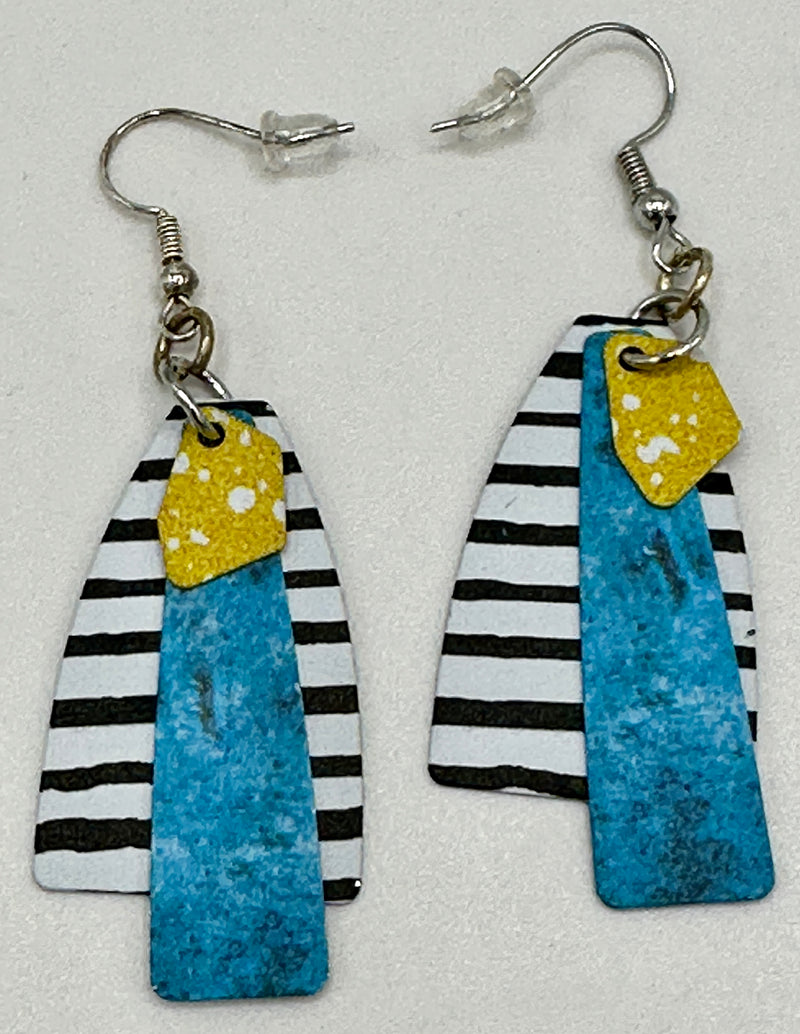 Multi-Colored Black & White, Turquoise & Yellow Three Tier Metal Earrings