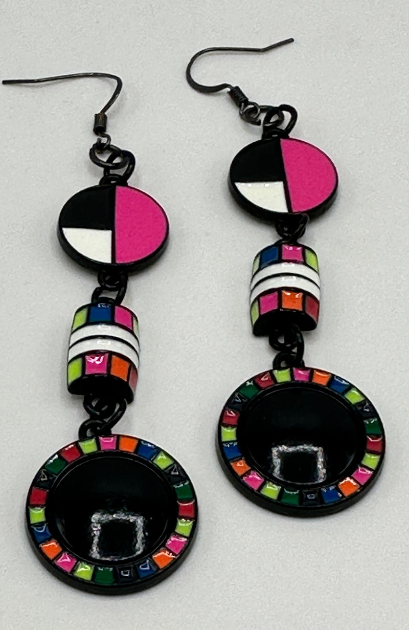 Three Tier Pink, Black & White Boho Earrings